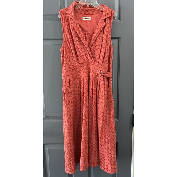 Anthropologie Burnt Coral Eyelet Flattering Summer Midi Dress Sz 10 $188 Pockets - Picture 1 of 7